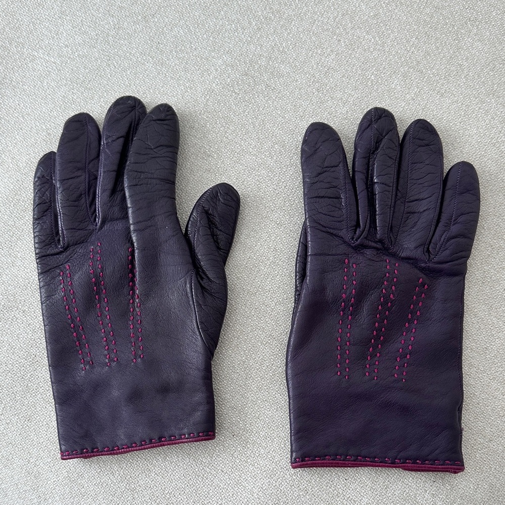 Purple Leather Gloves with Pink Stitching